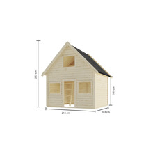 Holzspielhaus mit den Maßen 253 cm Höhe, 213 cm Breite und 183 cm Tiefe