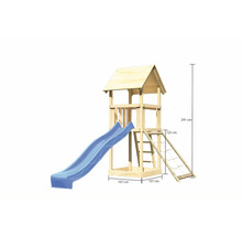 Spielturm aus Holz mit Rutsche, Kletterwand und den Maßen 291 cm Höhe, 107 cm Breite und 125 cm Podest Höhe.