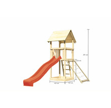 Spielturm aus Holz mit Rutsche und Leiter sowie den Maßangaben 291 cm Höhe, 107 cm Breite und 125 cm Leiterhöhe