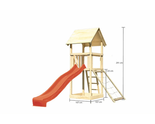 Spielturm aus Holz mit Rutsche und Leiter sowie den Maßangaben 291 cm Höhe, 107 cm Breite und 125 cm Leiterhöhe