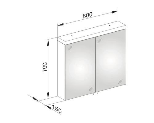 Technische Zeichnung eines Spiegelschranks mit Maßen 800 x 700 x 150 mm