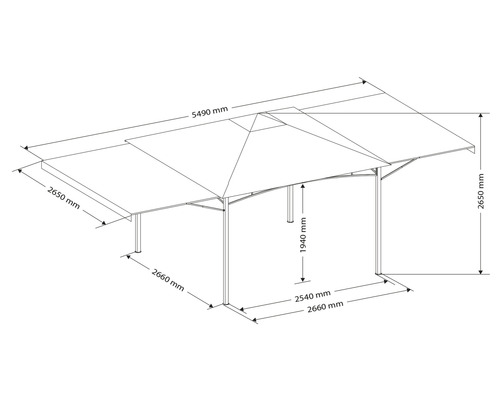 Maßzeichnung eines Pavillons mit Höhen- und Breitenangaben in Millimetern.