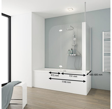 Badewanne mit Duschwand und Maßangaben
