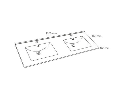 Doppelwaschtischplatte mit den Maßen 1200 mm mal 460 mm mal 165 mm.