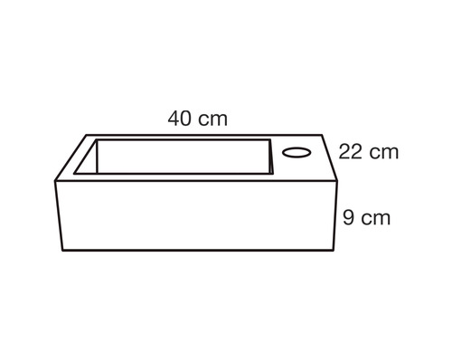Skizze eines Waschbeckens mit den Maßen 40 cm Breite, 22 cm Tiefe und 9 cm Höhe