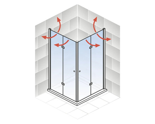 Eckdusche mit roter Pfeil-Illustration zur Veranschaulichung der Drehbewegung