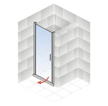 Illustration einer Drehtür für eine Dusche mit einer roten Drehrichtung Markierung.
