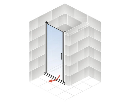 Illustration einer Drehtür für eine Dusche mit einer roten Drehrichtung Markierung.