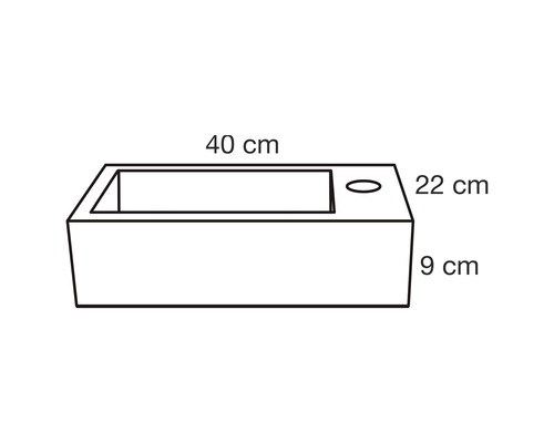 Zeichnung eines Waschbeckens mit den Maßen 40 cm Länge, 22 cm Breite und 9 cm Höhe.