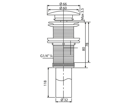 Technische Zeichnung eines Waschbeckenstöpsels mit Maßangaben