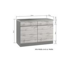Unterschrank mit Schubladen und Türen, Maße sind dargestellt