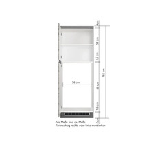 Schrank mit offenen Türen und Maßangaben