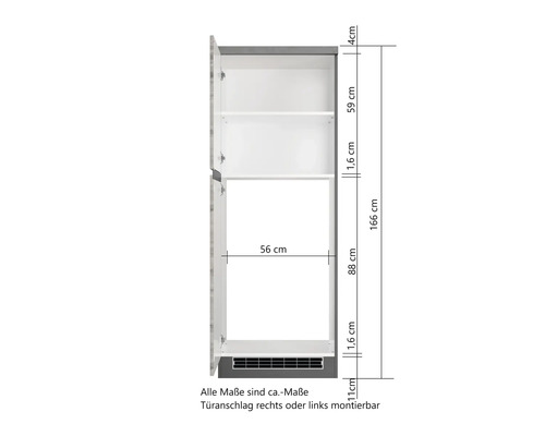 Schrank mit offenen Türen und Maßangaben