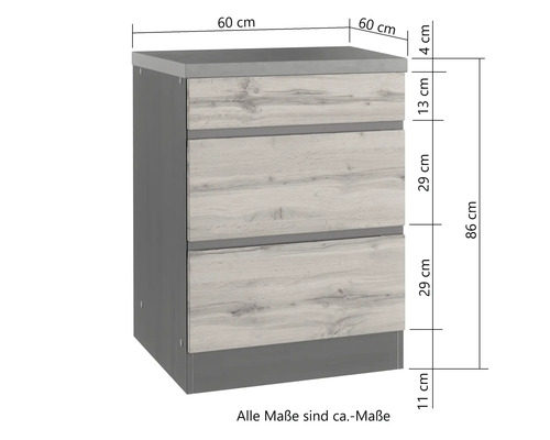 Küchenunterschrank mit drei Schubladen und Maßangaben