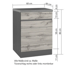 Küchenunterschrank mit Schubladen und Maßangaben