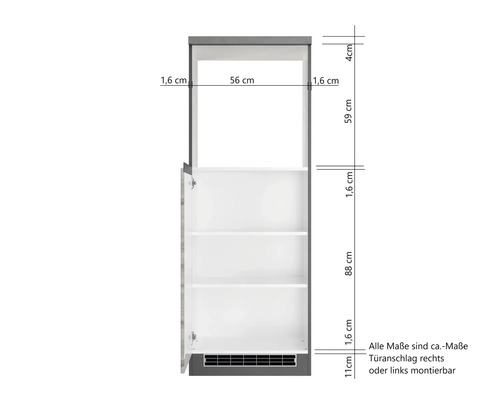 Maßangaben zu einem Hochschrank mit Türanschlag rechts oder links