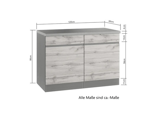Unterschrank mit Schubladen und Türen inklusive Maßangaben