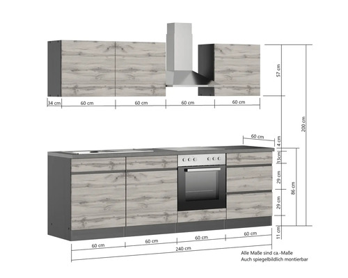 Küchenzeile mit Hängeschränken, Dunstabzugshaube und Elektrogeräten mit Maßangaben