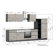 Küchenzeile mit Elektrogeräten und Maßangaben
