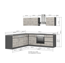 Küchenzeile mit Spüle, Geschirrspüler, Herd, Backofen, Dunstabzugshaube und Hängeschränken mit Maßangaben