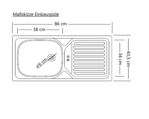 Maßskizze einer Einbauspüle mit den Maßen 86 cm Länge, 43,5 cm Breite und einem Beckendurchmesser von 36 cm.