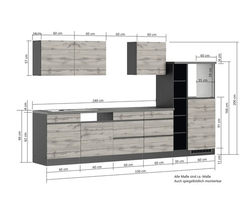 Skizze einer Küchenzeile mit Maßen.