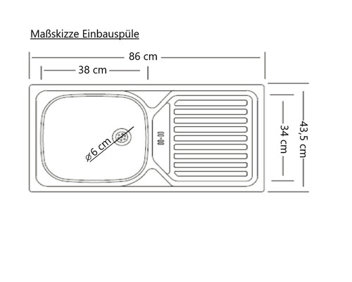 Maßskizze einer Einbauspüle mit den Maßen 86 cm Gesamtlänge, 38 cm Beckenbreite, 6 cm Beckendurchmesser und 43,5 cm Tiefe