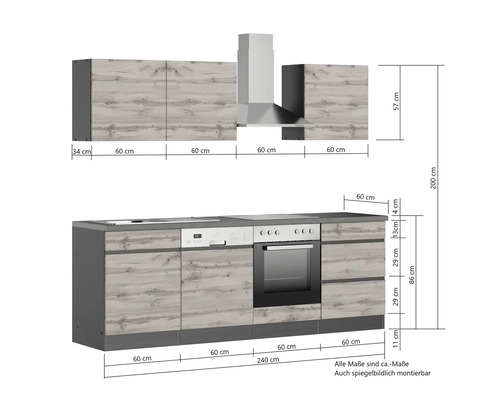 Komplette Küche mit Hängeschränken, Dunstabzugshaube, Spüle, Geschirrspüler, Herd und Backofen mit Maßangaben