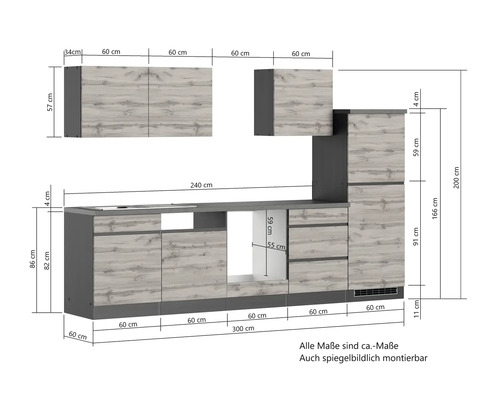 Küchenzeile mit Maßangaben