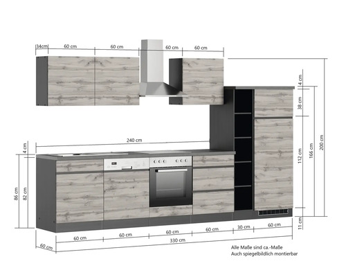 Einbauküche mit Geräten und Maßangaben