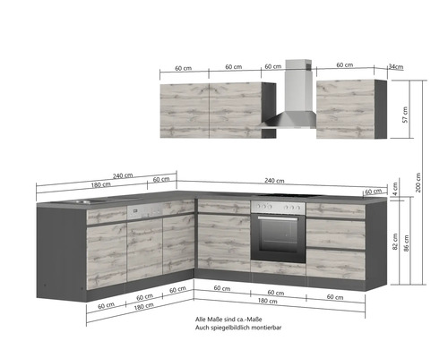 Abbildung einer Einbauküche mit Maßen