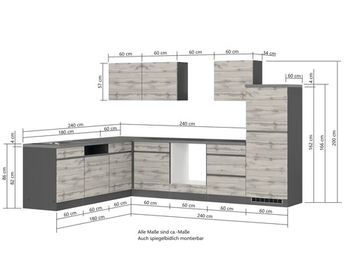 Abbildung einer Küchenzeile mit Maßen.