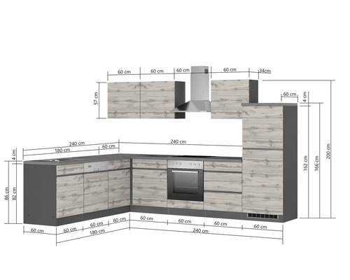 Küchenzeile mit Abmessungen und Dunstabzugshaube