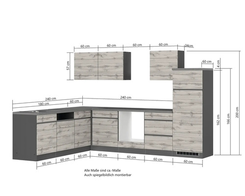 Skizze einer Eckküche mit Maßen.