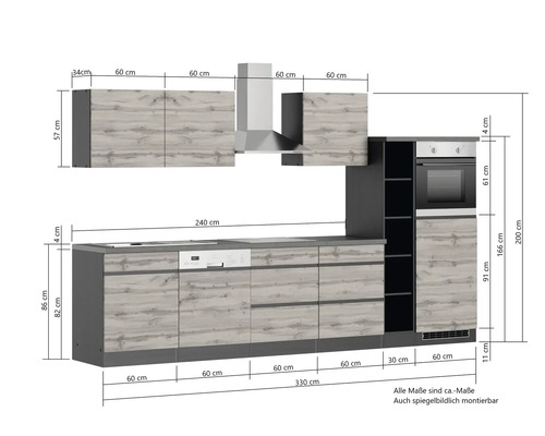 Küchenzeile mit Maßen für die Planung