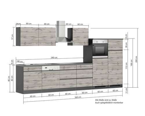 Abbildung einer Küchenzeile mit Maßen.