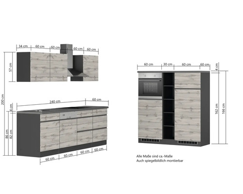 Abbildung einer Küchenzeile mit Maßangaben