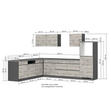 Abbildung einer Küchenzeile mit Maßangaben.