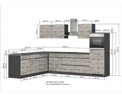 Skizze einer Küchenzeile mit Maßen.