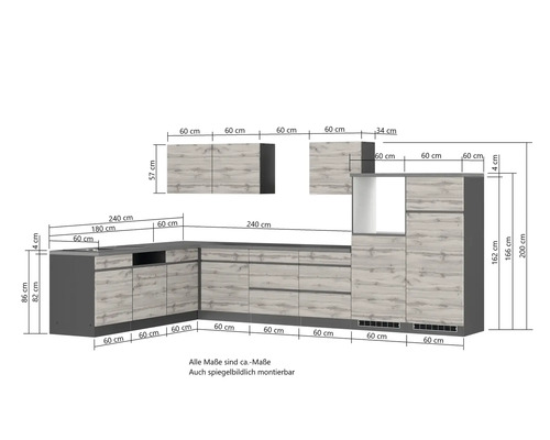 Skizze einer Küchenzeile mit Maßen.