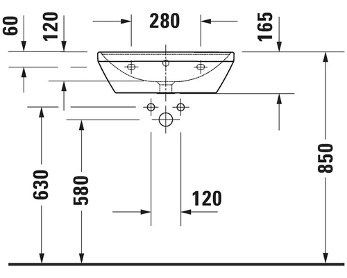 Technische Zeichnung eines Waschbeckens mit Maßen