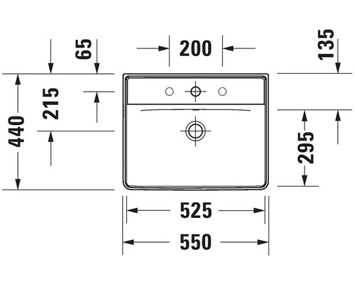 Technische Zeichnung eines Waschtisches mit Maßangaben