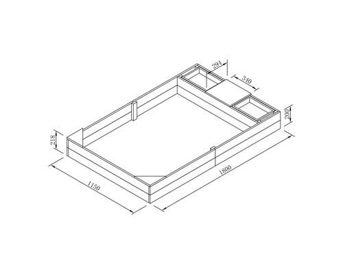 Technische Zeichnung eines Hochbeets mit den Maßen 1800 x 1150 x 218 Millimeter und Pflanzkasten mit den Maßen 340 x 294 x 200 Millimeter