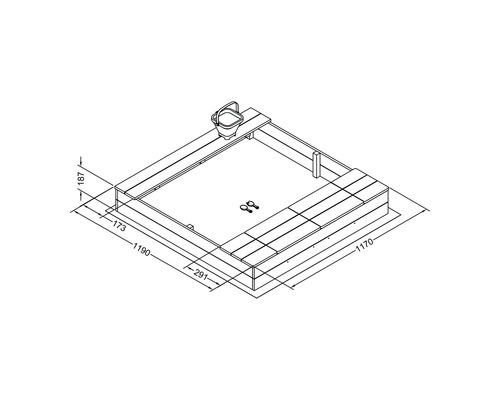 Technische Zeichnung eines Sandkastens mit den Maßen 1170 x 1190 mm