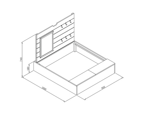 Technische Zeichnung eines Sandkastens mit den Maßen 1000 x 900 x 180 x 740 Millimeter, inklusive Haken und Rahmen