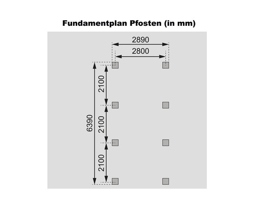 Fundamentplan Pfosten mit Maßangaben in Millimeter