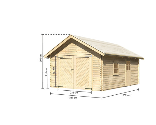 Holzgarage mit Doppeltür, Seitentür und Fenster mit Maßangaben