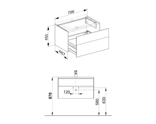 Technische Zeichnung eines Waschtischunterschranks mit Maßen.