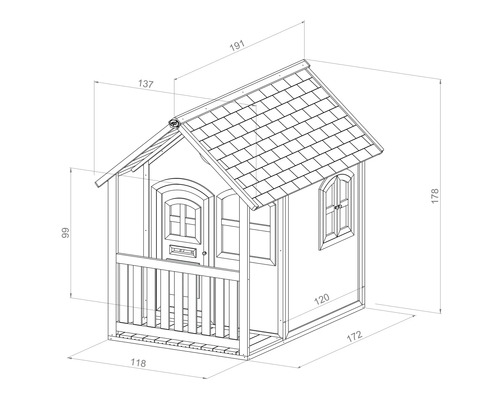 Technische Zeichnung eines Spielhauses mit Abmessungen