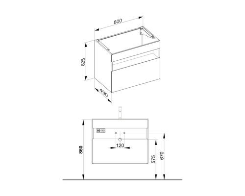 Technische Zeichnung eines Waschtischunterschranks mit Maßangaben